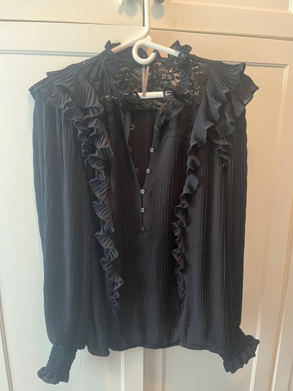 Anthropologie Black Ruffled Lace-Trim Pleated Blouse